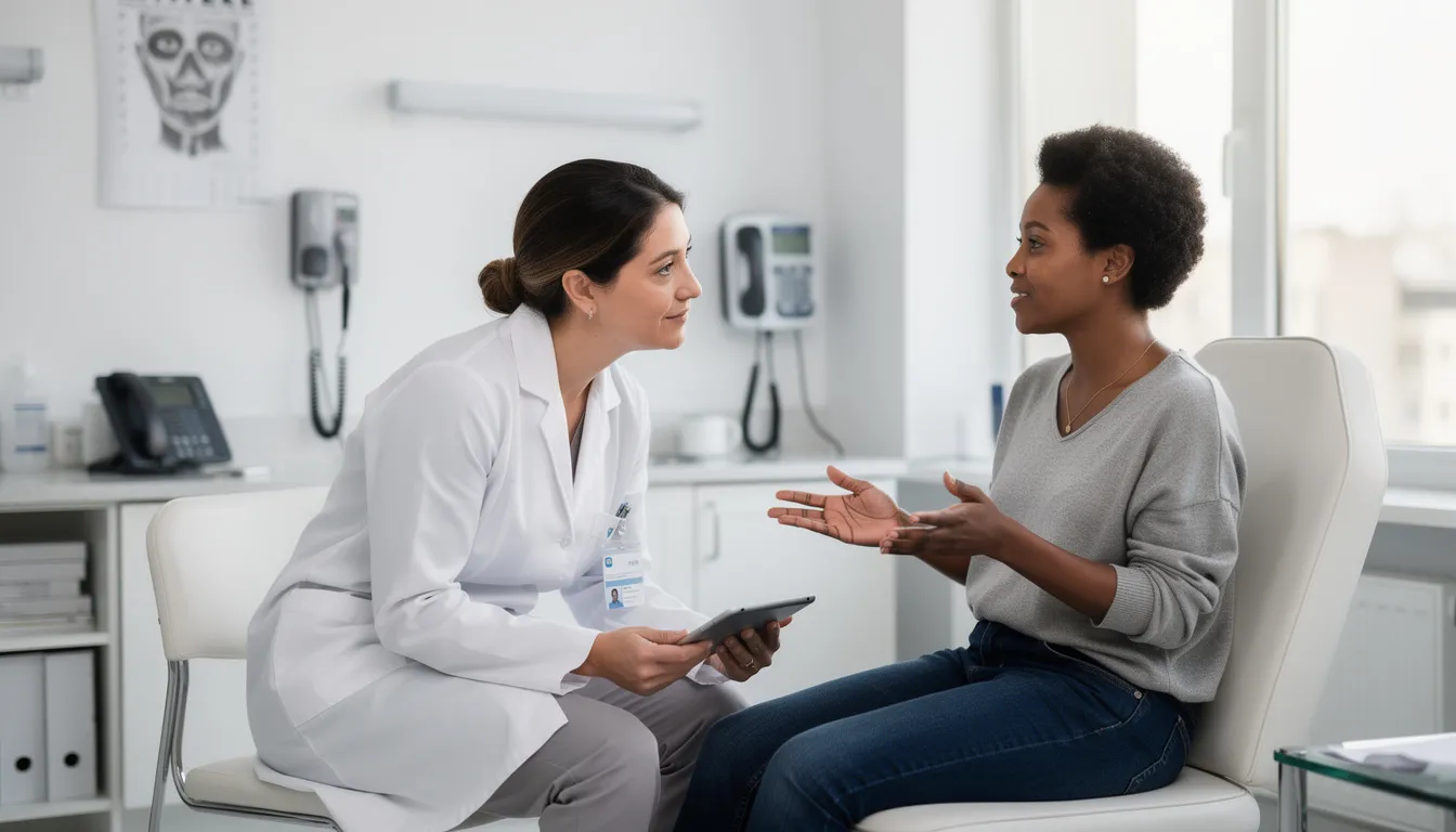 A healthcare provider is actively engaged in conversation with a patient in a clinical setting, discussing the challenges of adderall withdrawal, including common withdrawal symptoms such as severe anxiety and mood swings. The atmosphere reflects a supportive environment where the patient can receive medical supervision during the withdrawal process.