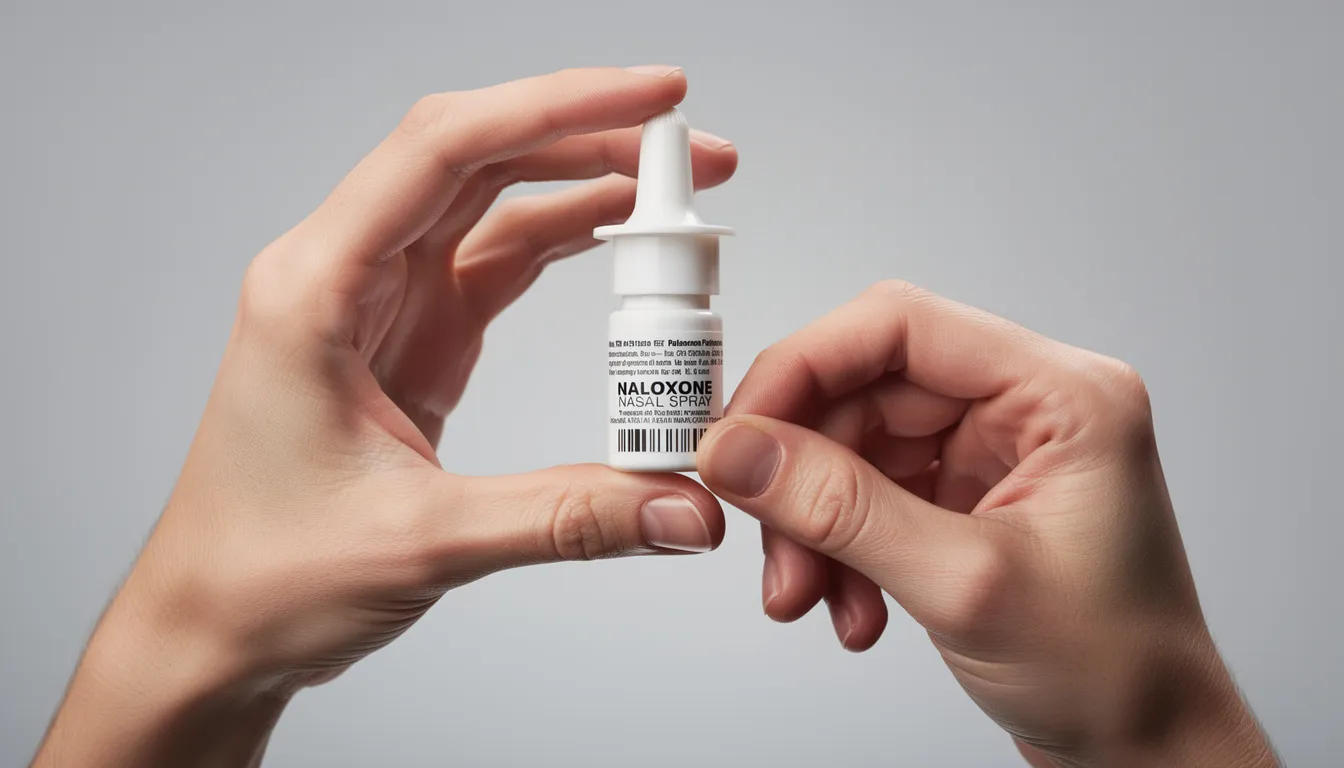 A close-up image shows hands holding a naloxone nasal spray device, which is a life-saving medication used to reverse the effects of an opioid overdose. The neutral background emphasizes the importance of carrying naloxone for emergency situations related to opioid addiction and overdose.
