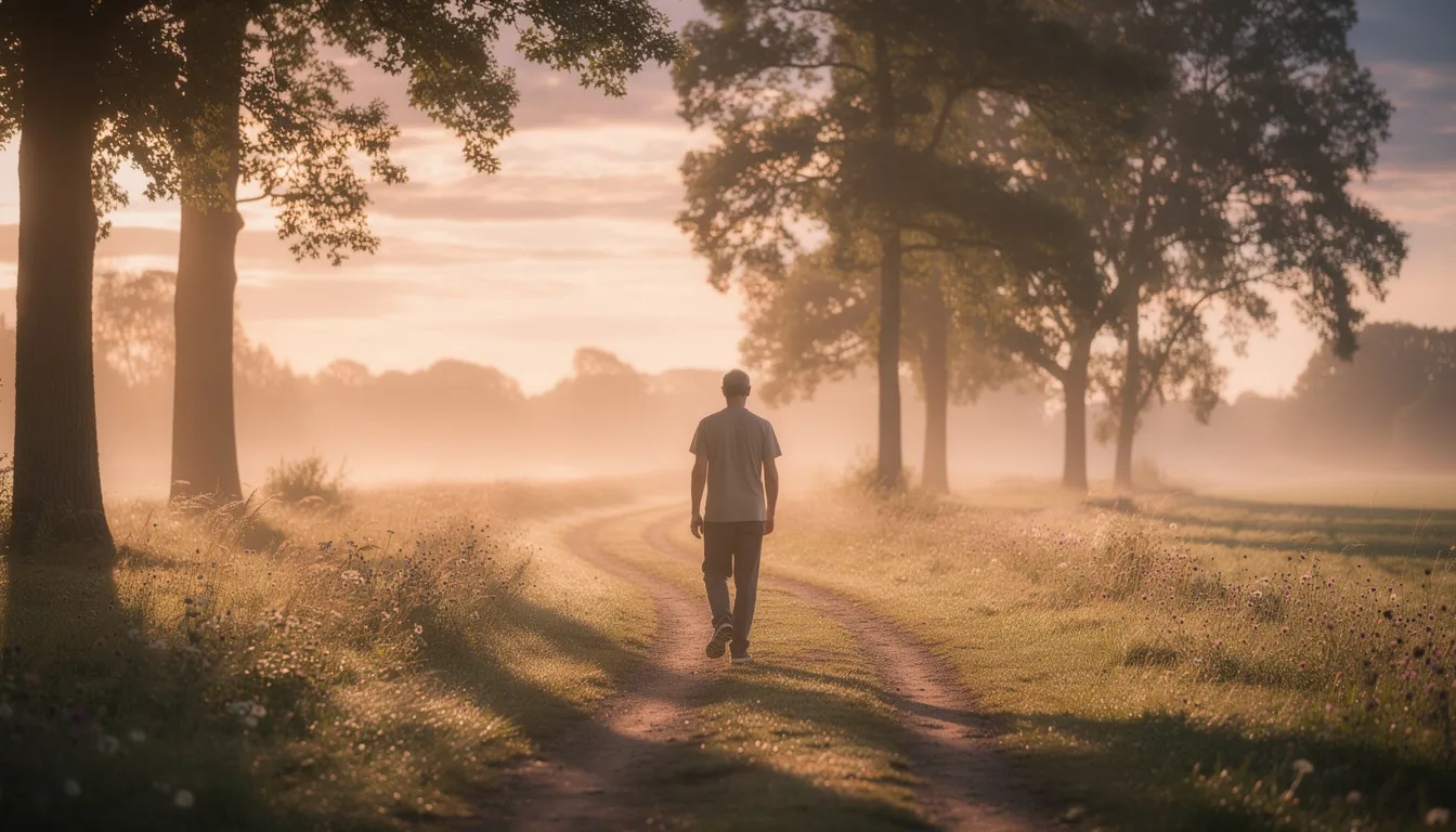 A person walks peacefully along a nature path during sunrise, symbolizing hope and recovery from mental health conditions such as schizoaffective disorder. The serene landscape reflects the journey towards healing from mood disorder symptoms and the importance of mental wellness.