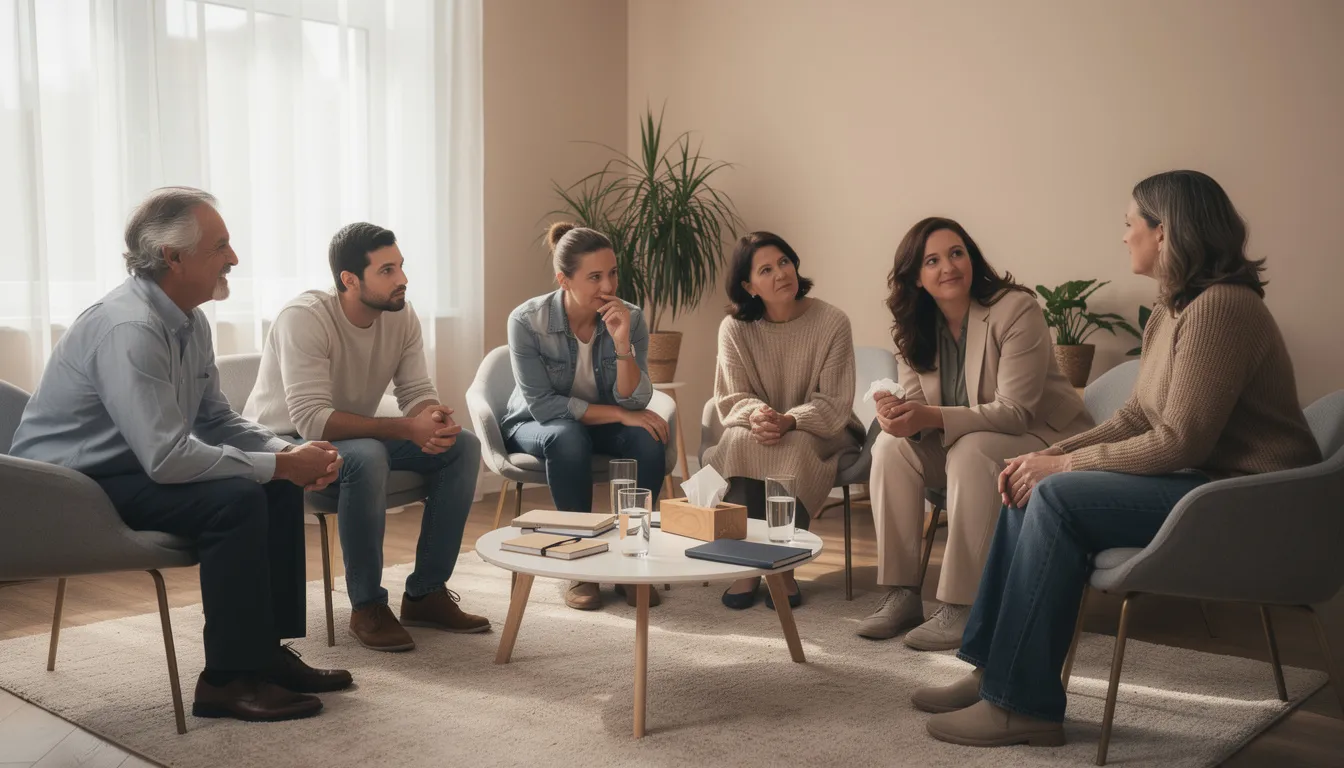 The image depicts a group of individuals sitting in a supportive therapy circle within a comfortable room, sharing their experiences related to opioid addiction and recovery. The atmosphere is warm and inviting, emphasizing the importance of community in addressing issues such as opioid misuse and the effects of oxycodone.