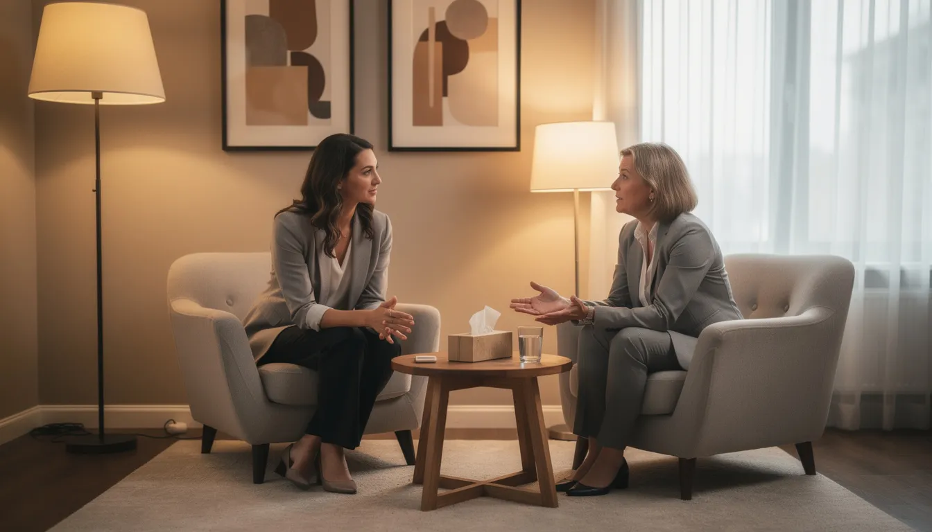 The image depicts a therapist and client engaged in a compassionate conversation in a cozy office setting, illuminated by warm lighting. This comforting environment symbolizes a supportive space for discussing mental health conditions and exploring treatment options in a treatment center.