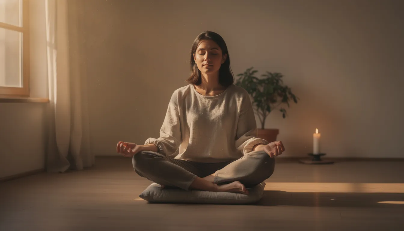 The image depicts a serene individual meditating in soft lighting, embodying a moment of quiet reflection that promotes emotional well-being and a positive mindset. This peaceful scene encourages practicing gratitude, highlighting the importance of staying grounded and finding hope during the recovery journey.