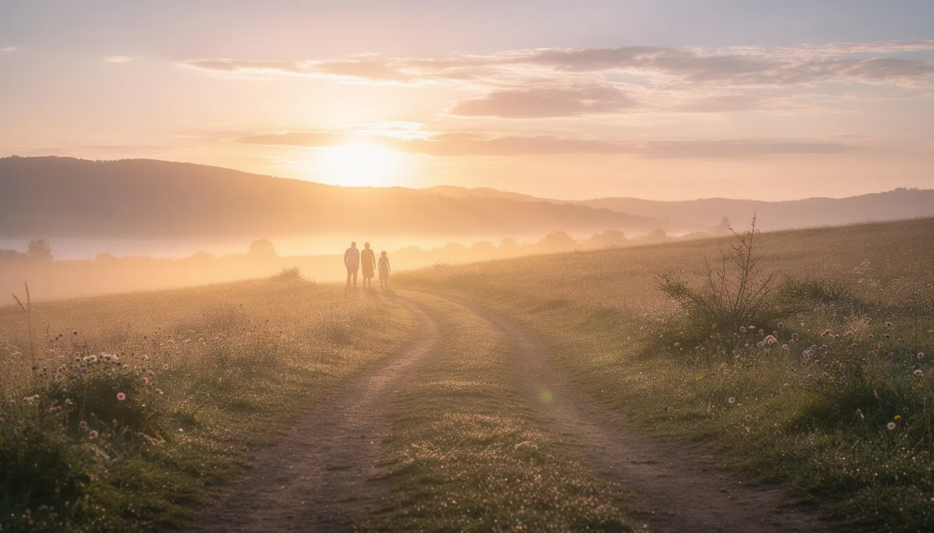 The image depicts a serene sunrise illuminating a winding path, symbolizing hope and the ongoing journey of family recovery from addiction. The scene reflects the support families affected by substance use disorder receive through therapy, support groups, and emotional support as they navigate their recovery journey together.