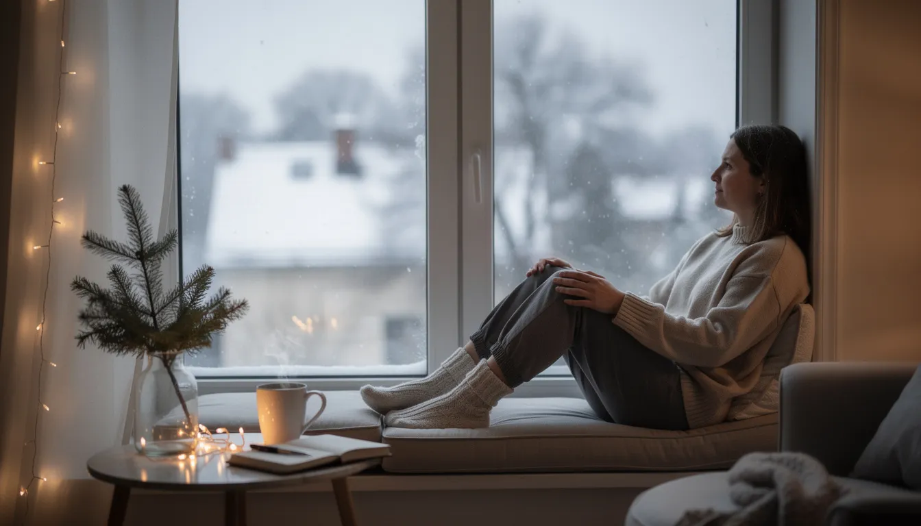 A person sits peacefully by a window, gazing at a serene winter scene outside, embodying calm reflection amidst holiday stress. This moment emphasizes the importance of positive affirmations and self-care activities in fostering a positive mindset and well-being during challenging times.