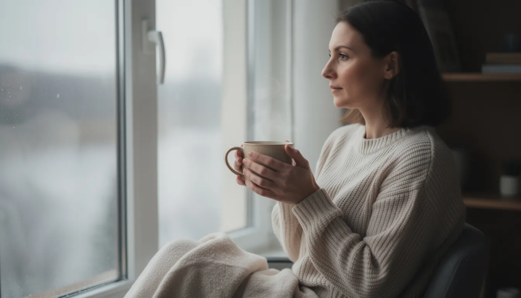 A person is holding a warm mug and gazing thoughtfully out a window, embodying mindful self-care during challenging moments. This scene represents the importance of positive affirmations and self-compassion on the recovery journey, encouraging a positive mindset amidst negative thoughts.