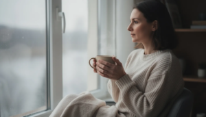 A person is holding a warm mug and gazing thoughtfully out a window, embodying mindful self-care during challenging moments. This scene represents the importance of positive affirmations and self-compassion on the recovery journey, encouraging a positive mindset amidst negative thoughts.