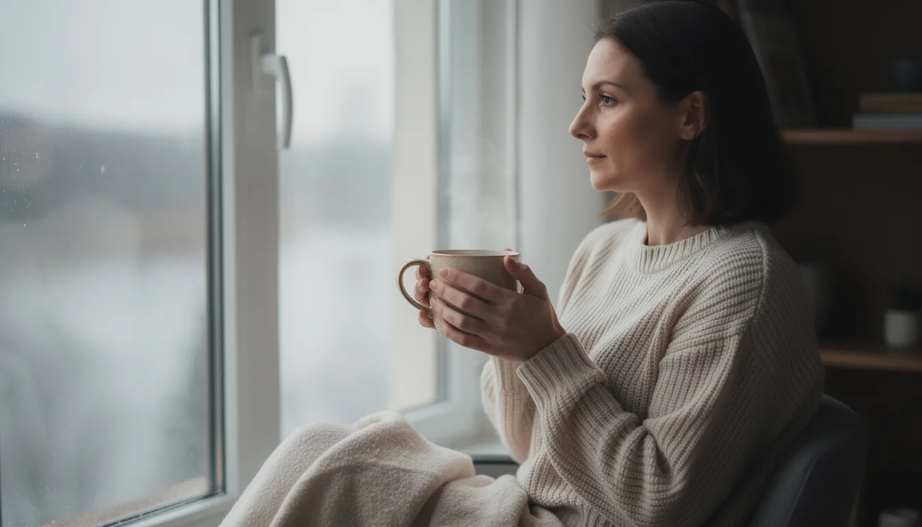 A person is holding a warm mug and gazing thoughtfully out a window, embodying mindful self-care during challenging moments. This scene represents the importance of positive affirmations and self-compassion on the recovery journey, encouraging a positive mindset amidst negative thoughts.