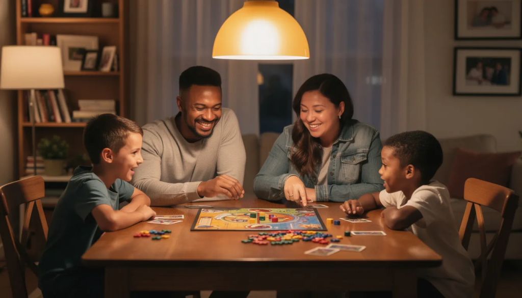 A family gathers around a table, enjoying a lively board game session under warm lighting, creating a supportive environment that fosters connection and joy. This scene embodies the healing process and well-being that can be nurtured through shared experiences and communication skills.