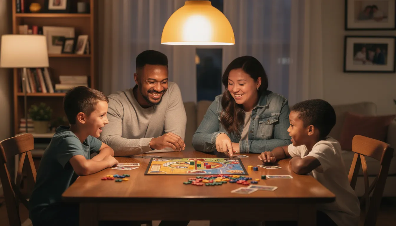 A family gathers around a table, enjoying a lively board game session under warm lighting, creating a supportive environment that fosters connection and joy. This scene embodies the healing process and well-being that can be nurtured through shared experiences and communication skills.