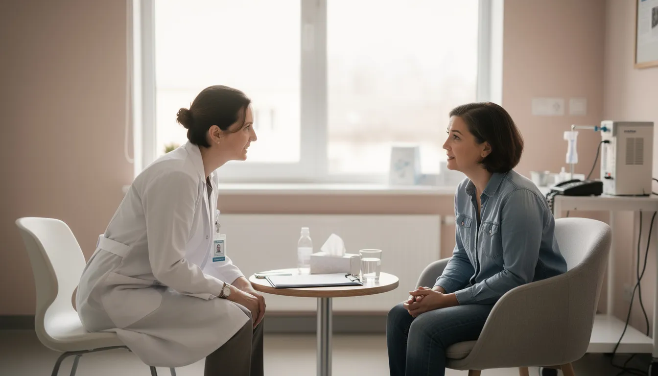 A healthcare professional is engaged in a compassionate conversation with a patient in a calm clinical setting, emphasizing the importance of understanding mental health conditions like schizoaffective disorder and its symptoms. The scene reflects a supportive environment where mood symptoms and treatment options are discussed, promoting emotional expression and coping skills.