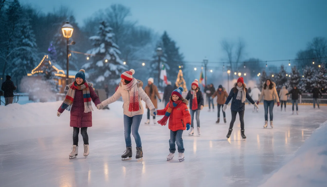 A joyful group of people, dressed in warm clothing, are ice skating outdoors in a winter setting, showcasing happy expressions as they engage in this fun sober activity. The scene captures the essence of enjoying physical health and the positive aspects of spending time together in an alcohol-free environment.