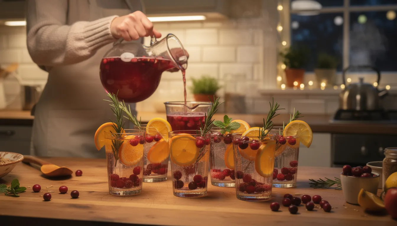 In a cozy kitchen, someone is preparing seasonal mocktails using fresh cranberries, vibrant citrus fruits, and aromatic herbs, showcasing a fun sober activity perfect for family members and friends to enjoy together. This creative sober activity promotes mental health and encourages meaningful conversations while embracing an alcohol-free lifestyle.