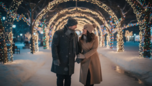 A couple strolls hand-in-hand through a dazzling display of holiday lights on a winter evening, creating a romantic atmosphere perfect for a first date or a sober date idea. The vibrant lights twinkle around them, enhancing the quality time they spend together as they share laughter and deeper conversations.