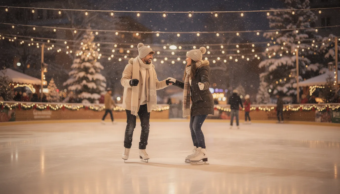 A couple joyfully ice skating together at an outdoor winter rink, surrounded by twinkling string lights that create a romantic atmosphere perfect for a first date. This low-pressure date idea allows them to connect and create memories while enjoying quality time in a festive setting.