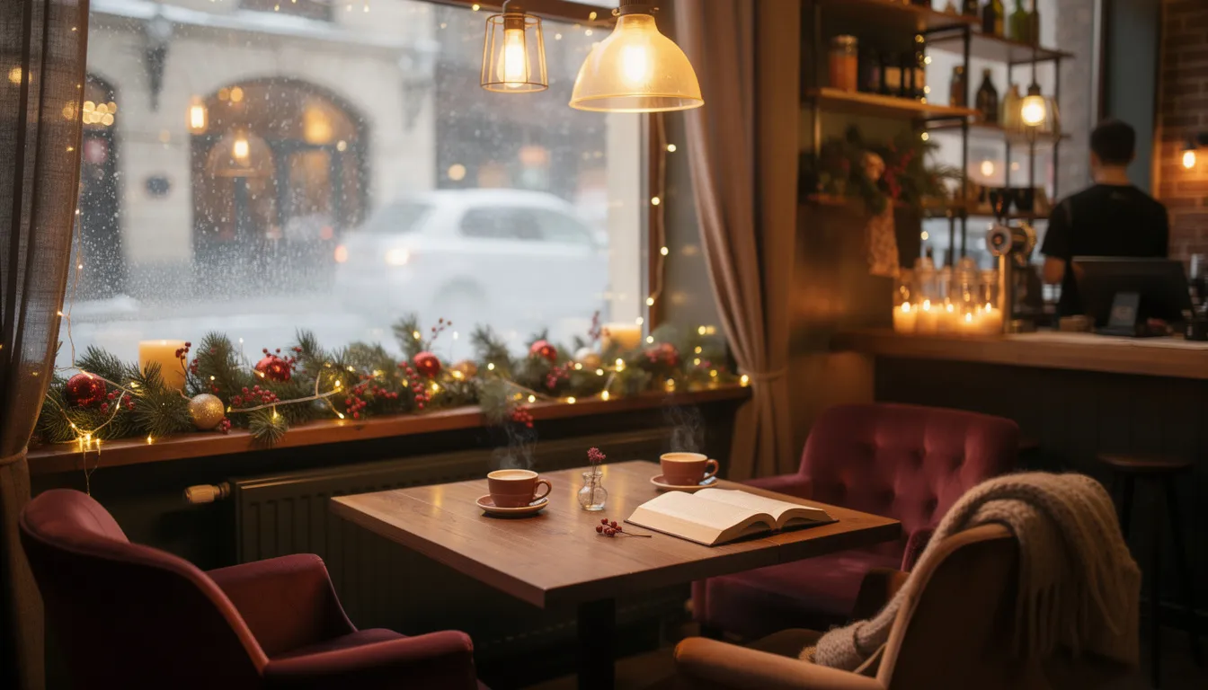 The image depicts a cozy coffee shop interior adorned with winter decorations, featuring warm lighting that creates an inviting atmosphere. This setting is perfect for a sober date idea, allowing couples to enjoy quality time together while engaging in deeper conversations over their favorite hot beverages.