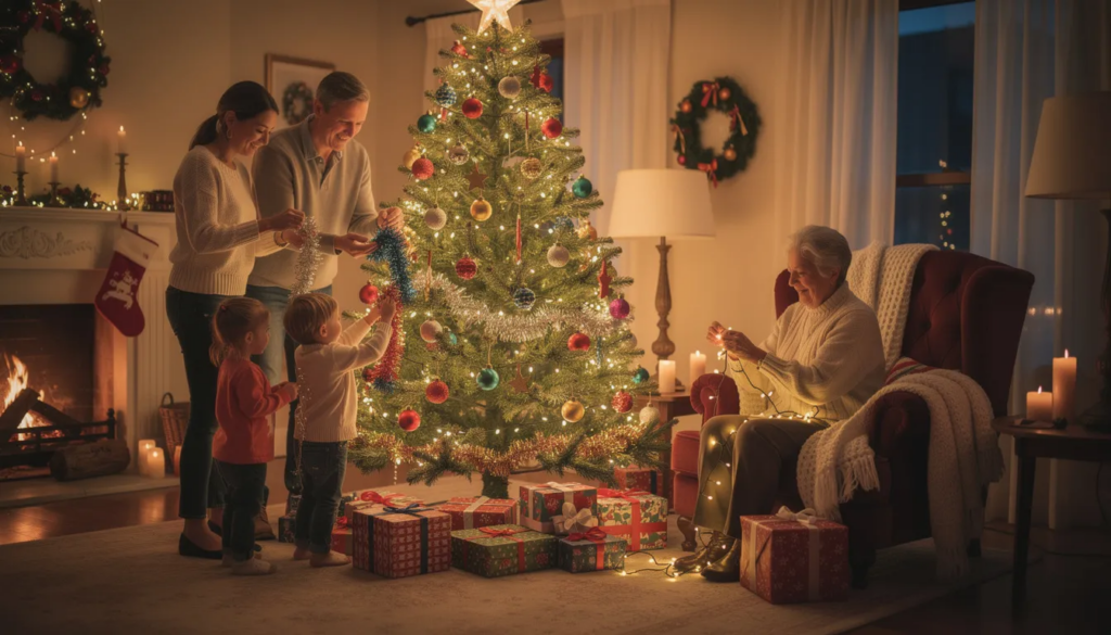 A family is gathered in a warm, cozy living room, joyfully decorating a holiday tree together, showcasing the positive aspects of spending time with loved ones during the festive season. This scene highlights meaningful conversations and fun sober activities that foster connection and personal growth.