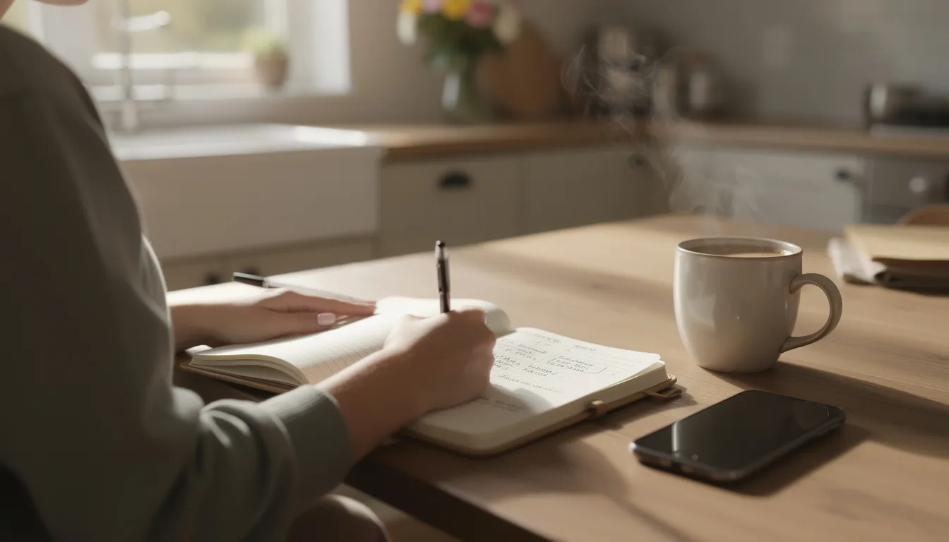 A sober person is sitting at a kitchen table, writing in a planner or journal, reflecting on their journey towards lasting recovery from substance abuse. The scene captures a moment of focus and determination, highlighting the importance of mental health and the effort needed to stay sober.