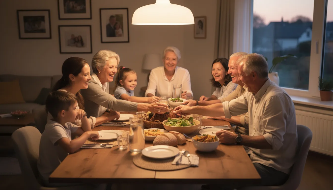 A warm family gathering around a dinner table, sharing a meal and laughter, reflects the joy and connection that support recovery and foster emotional resilience. This scene embodies the spirit of togetherness and the positive emotions that contribute to long-term sobriety and well-being.
