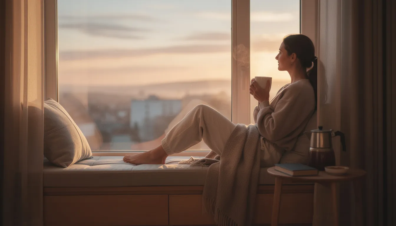 A person sits by a window, enjoying a warm cup of coffee while watching the sun rise, embodying a sense of peace and gratitude. This serene moment reflects the joy and positive emotions that can be found in everyday life, supporting their recovery journey and commitment to a sober lifestyle.