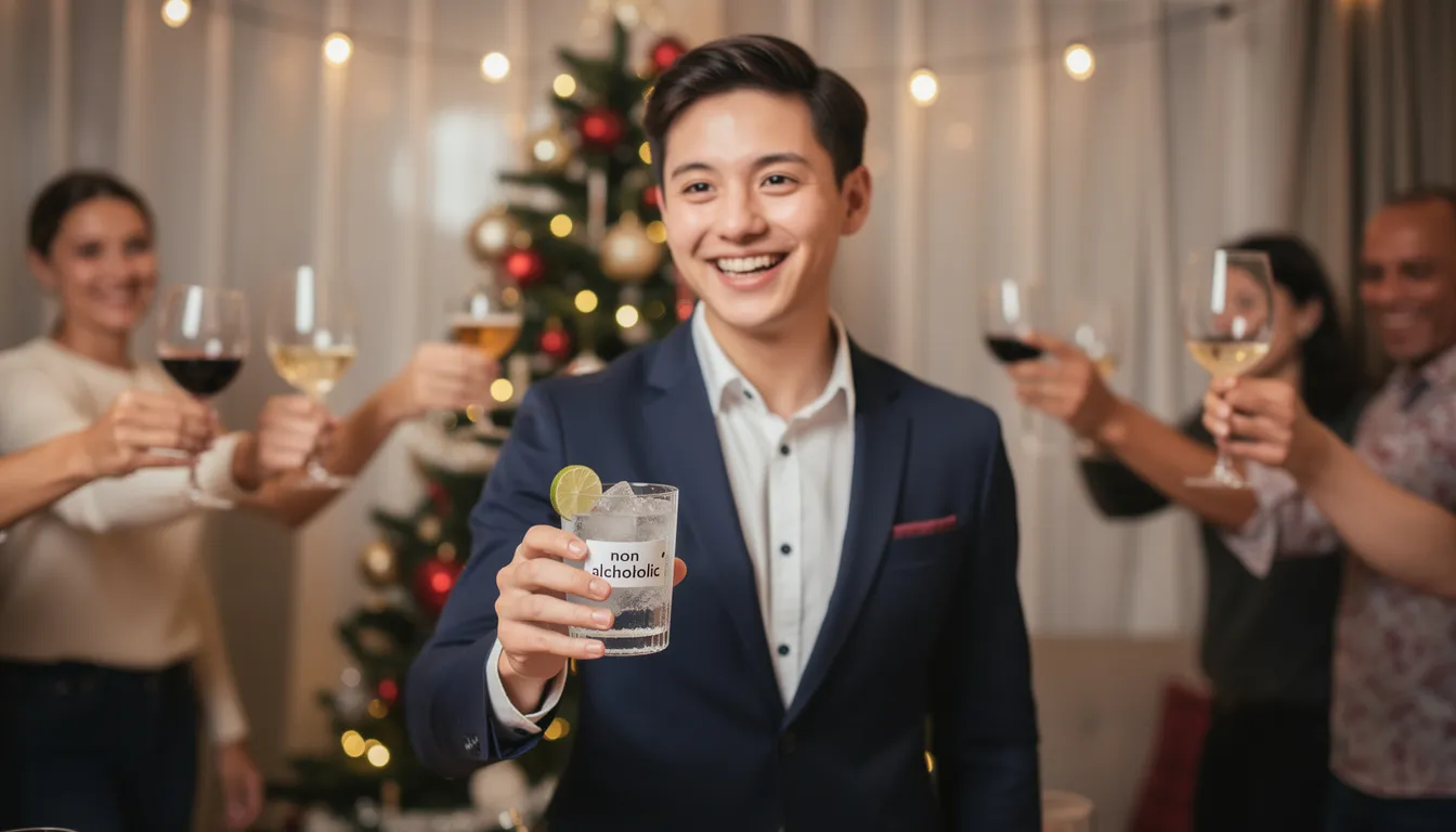 A person at a holiday party is holding a non-alcoholic drink, smiling as others toast with wine, showcasing a commitment to a substance-free life. This scene highlights the importance of managing stress effectively and maintaining mental well-being in social situations.