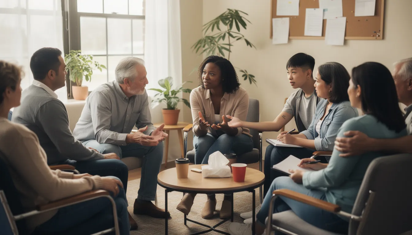 The image depicts a diverse support group sitting in a circle, engaged in a supportive conversation about mental health, including topics such as schizoaffective disorder and other mental disorders. Participants are actively listening and sharing their experiences, fostering a sense of community and understanding among those dealing with mood symptoms and psychiatric disorders.