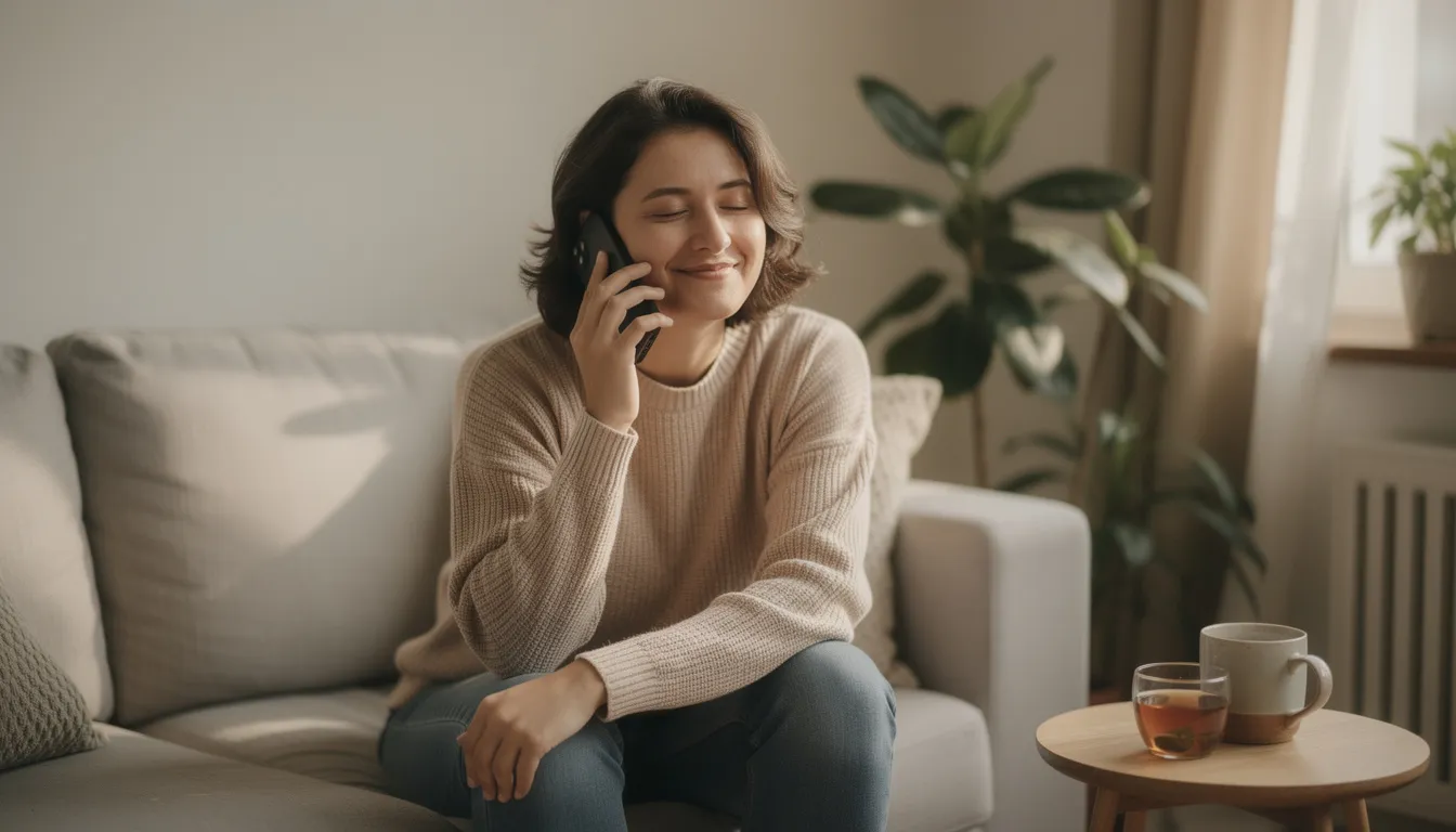 A person is engaged in a supportive phone call within a calm setting, exuding a sense of peace and tranquility. This moment reflects the healing process associated with mental health treatment, emphasizing the importance of compassionate care and communication skills in recovery from substance use disorders.