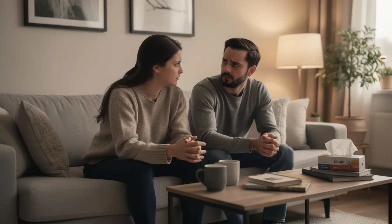A couple is seated closely together in a cozy living room, engaged in a serious conversation about their relationship and the challenges of addiction treatment. Their expressions reflect concern and support as they discuss the importance of staying sober and seeking help for lasting recovery.