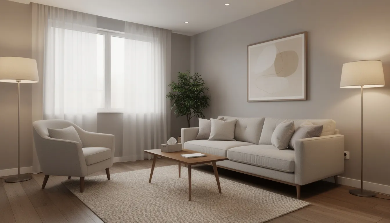 The image depicts a calm therapy office featuring comfortable seating and soft lighting, creating a welcoming environment for mental health professionals to conduct trauma-focused therapy sessions. This serene space is designed to support individuals navigating traumatic experiences and promote healing through various therapeutic approaches.