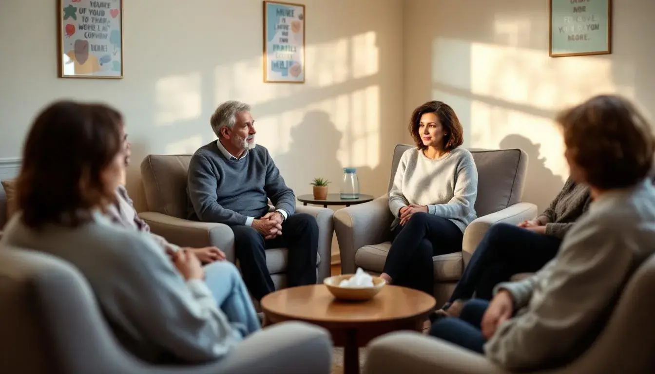 The image depicts a person sitting in a support group, surrounded by others in a circle, engaging in a discussion about addiction recovery. This setting emphasizes the importance of peer support in addressing substance use disorders and developing healthier coping mechanisms for managing the personality of an addict and their behaviors.