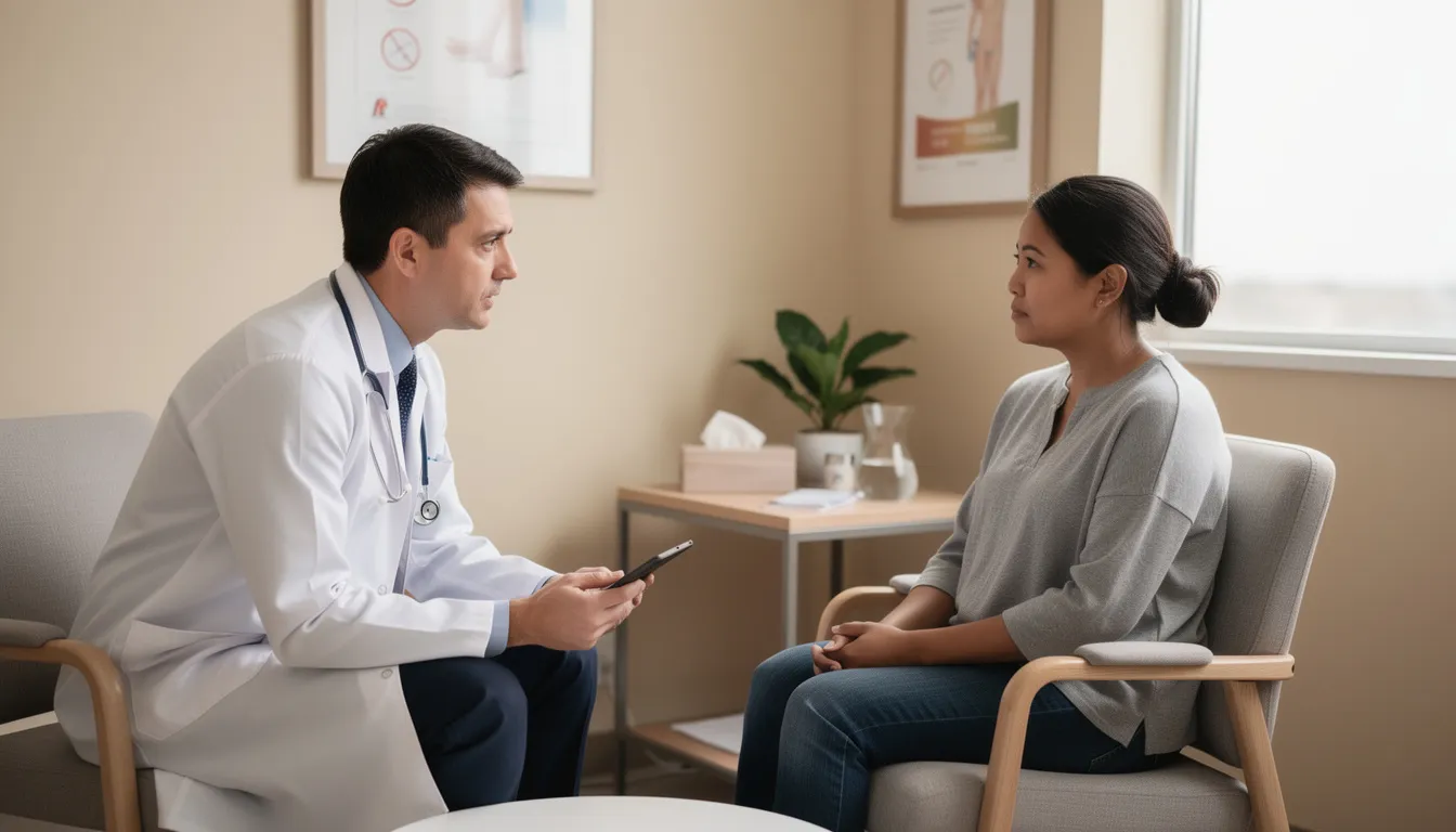 The image shows a caring medical professional attentively speaking with a patient in a comfortable clinical setting, emphasizing the importance of compassionate medical care for individuals affected by drug dependence, including those exposed to xylazine and fentanyl mixtures. This interaction highlights the role of healthcare professionals in addressing issues related to addiction medicine and harm reduction strategies.