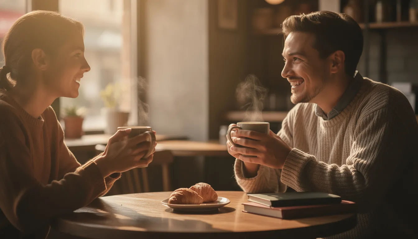 A person is engaged in a warm conversation with a friend over coffee, highlighting the deeper connections that can be fostered without alcohol consumption. This scene emphasizes the health benefits of taking a break from alcohol, such as improved mood and mental clarity.