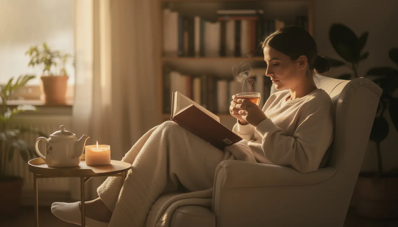 A person sits comfortably in a cozy setting, engaging in a peaceful self-care activity by reading a book while sipping tea, embodying the essence of mindfulness practices that promote mental health and well-being. This serene moment reflects the importance of self-compassion and coping strategies in managing emotional challenges and achieving a fulfilling life during the sobriety journey.