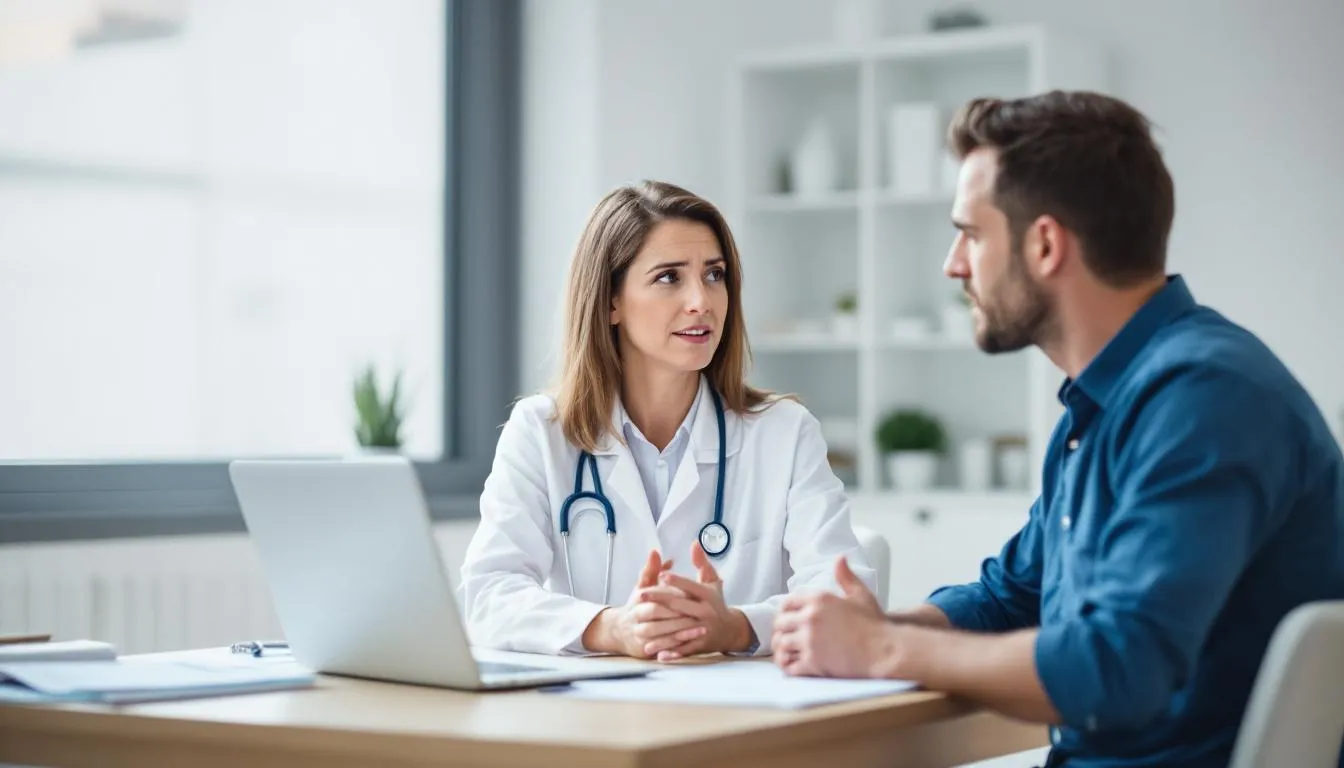 The image depicts a healthcare provider engaging in a medical consultation with a patient, discussing treatment options for alcohol dependence and opioid use disorder, including the use of Vivitrol injections. The setting conveys a supportive atmosphere, emphasizing the importance of mental health services and personalized treatment programs.