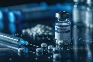 Medical vial labeled fentanyl beside syringe and pills, representing a fentanyl vaccine entering human clinical trials to help reduce opioid overdose risk.