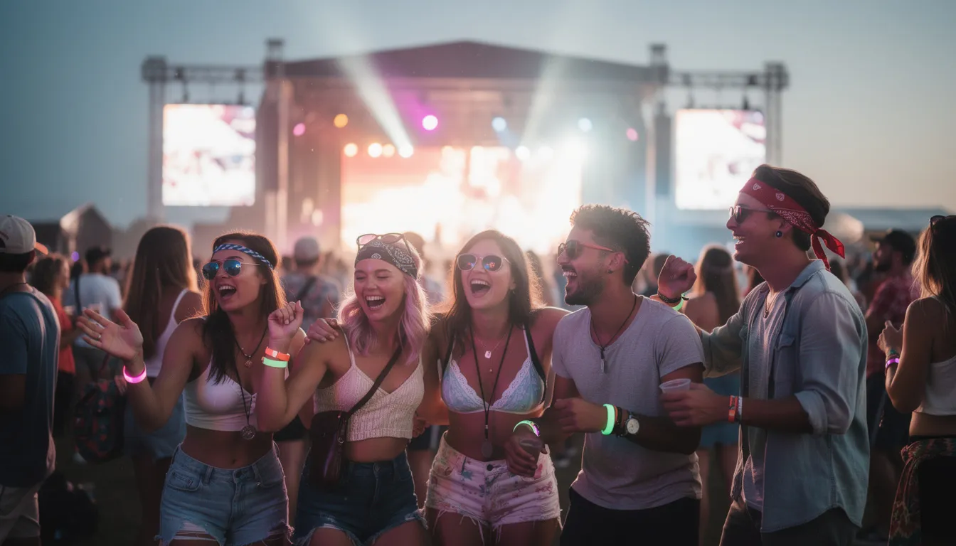 A vibrant outdoor music festival scene features young adults enjoying the lively atmosphere, illuminated by colorful lights and a large stage in the background. The image captures the essence of a social event where many party drugs and recreational substances may be present, highlighting the energetic and carefree spirit of the attendees.