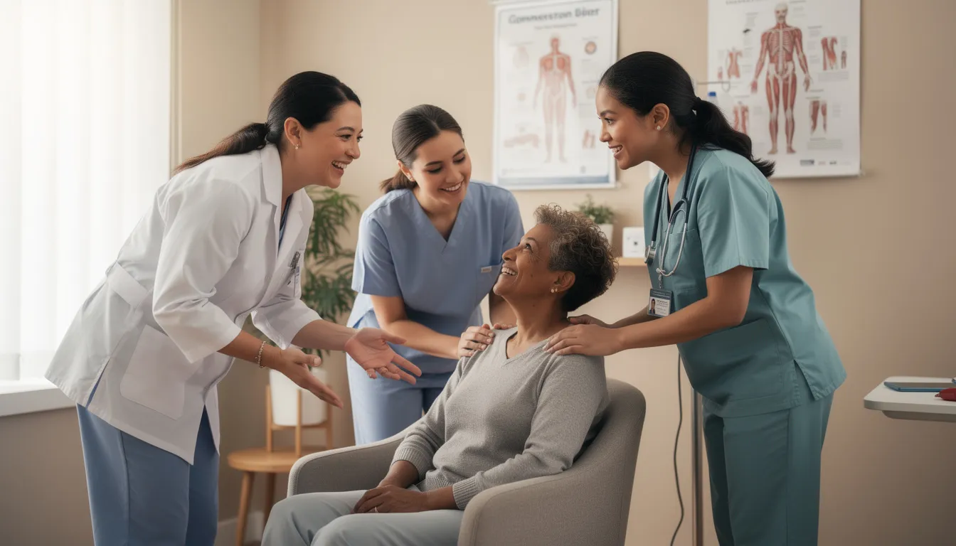 Medical professionals offering compassionate support to a patient during addiction and mental health treatment