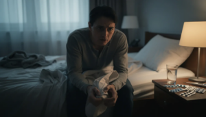 The image depicts a person at home visibly struggling with alcohol detox symptoms, showcasing the physical and emotional toll of alcohol withdrawal. Signs of discomfort, such as anxiety and fatigue, highlight the challenges of quitting alcohol and the potential for severe withdrawal symptoms.