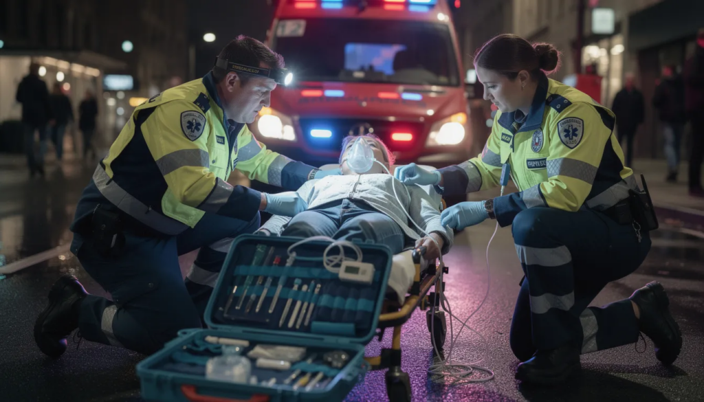 The image depicts emergency medical responders actively treating a patient who appears to be experiencing a medical crisis, potentially related to an opioid overdose or xylazine intoxication. The scene emphasizes the urgency of healthcare professionals addressing respiratory depression and the need for pain relief in cases involving drug and alcohol dependence.