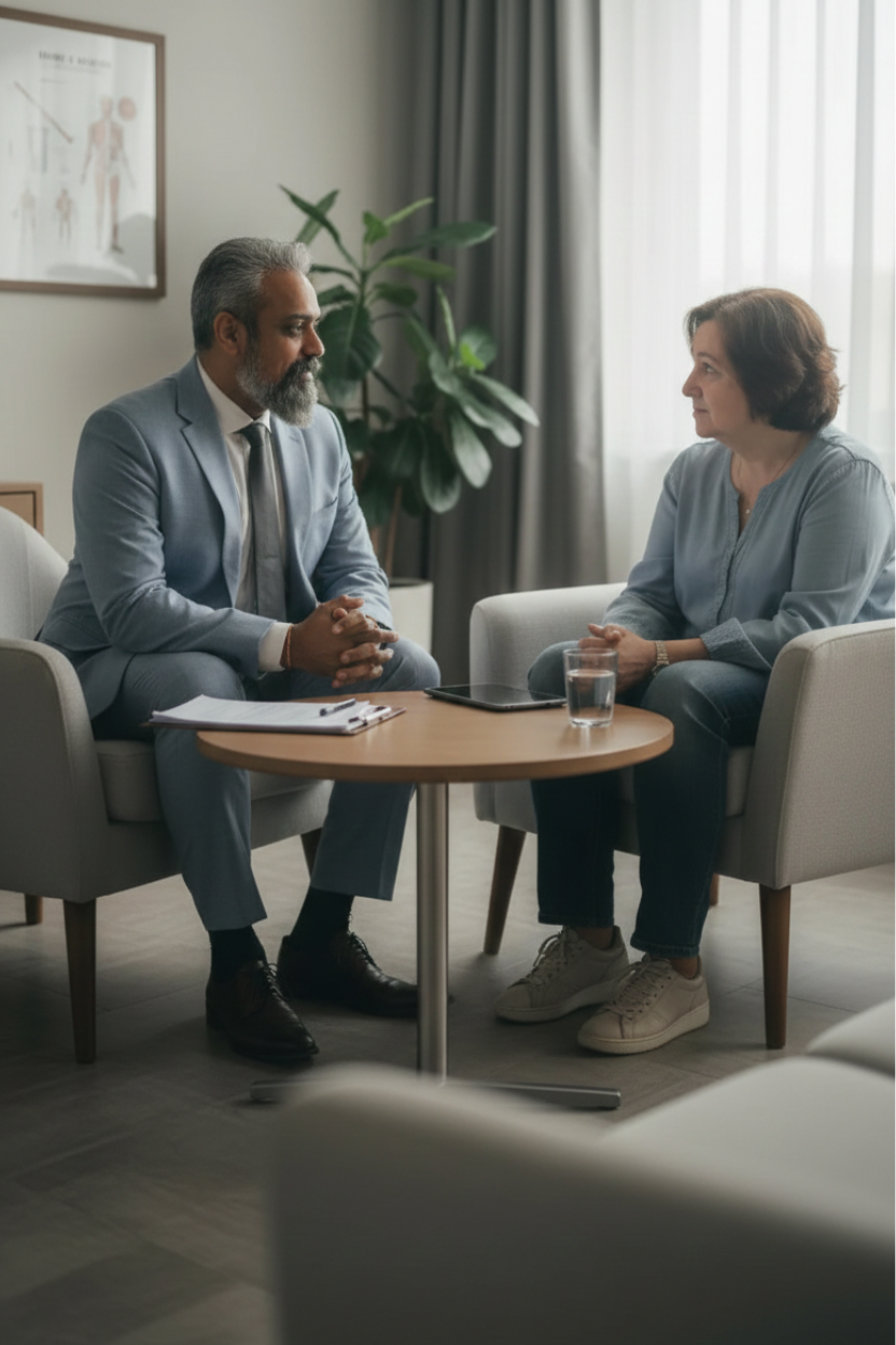 A compassionate medical professional (Dr. Ash Bhatt) engages in a supportive conversation with a patient in a comfortable office setting, emphasizing the importance of luxury inpatient rehab vs. acute care services in the patient's recovery process after an illness or injury. The interaction highlights the role of healthcare providers in helping patients regain their functional abilities and transition effectively to luxury inpatient rehab facilities.