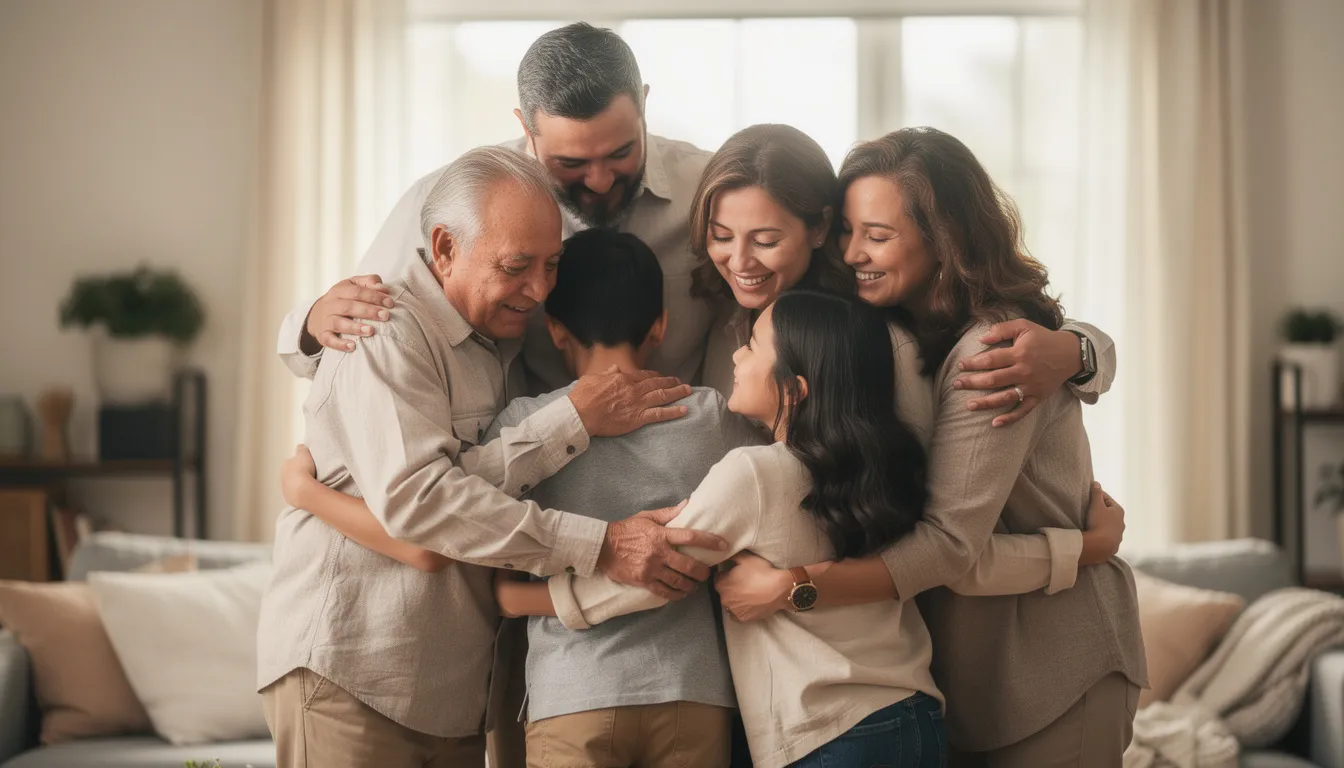 A family shares a heartfelt embrace, conveying support and hope as they navigate the challenges of addiction and mental health issues together. This moment reflects the importance of a supportive environment in the recovery journey, often found in a luxe treatment center that offer personalized treatment plans for lasting recovery.