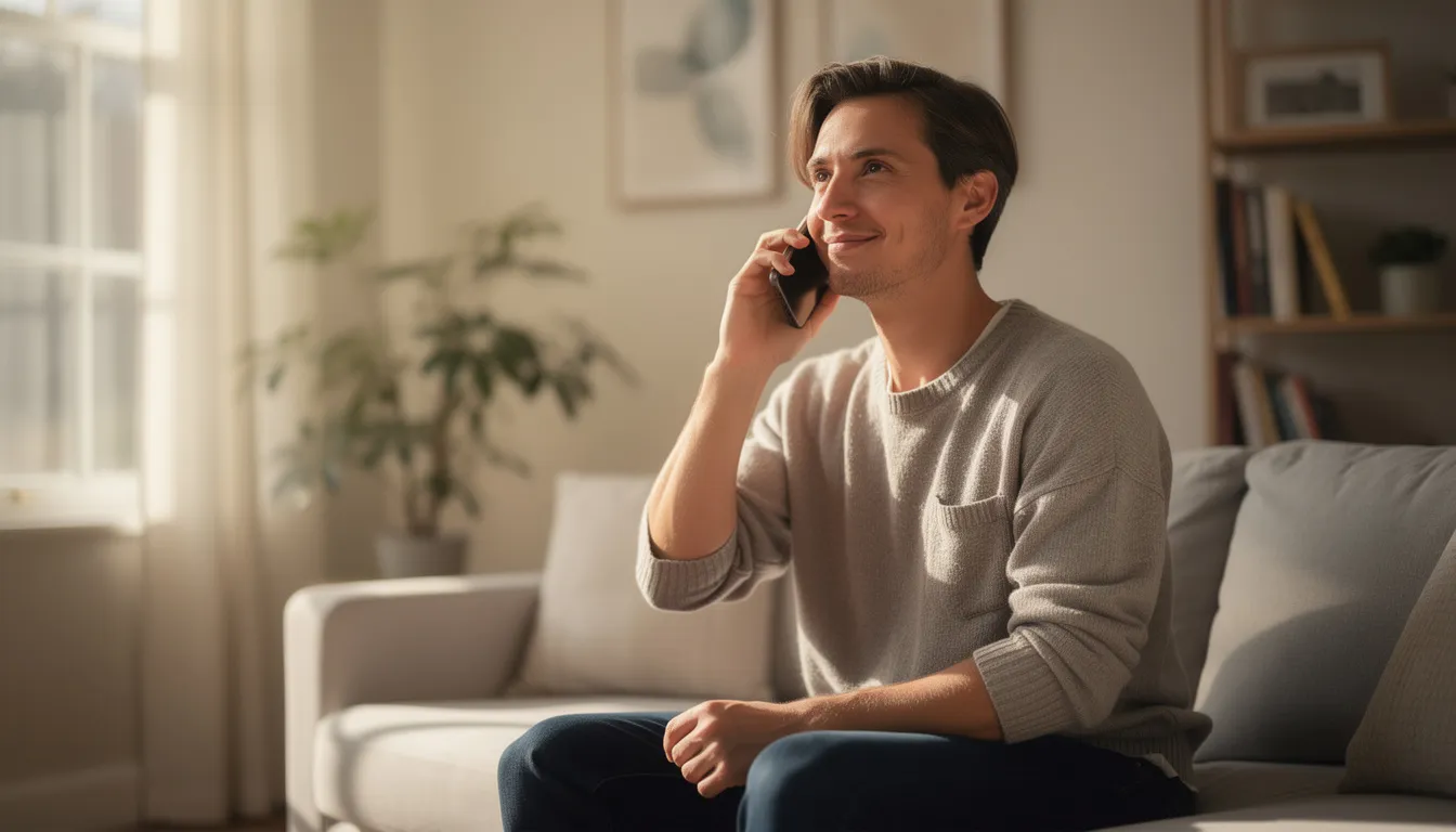 A thoughtful individual is speaking on the phone in a calm, well-lit home environment, exuding a sense of hope as they engage in a conversation about a five star recovery journey. This scene reflects the importance of support systems and individual counseling in the process of overcoming addiction and pursuing long-term recovery.