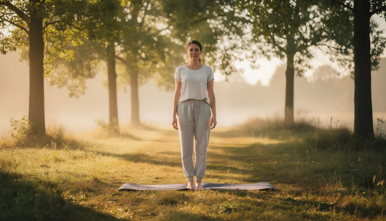 A person is practicing yoga outdoors in a serene natural setting surrounded by trees, with sunlight filtering through the leaves, promoting a sense of peace and mindfulness. This scene embodies the holistic approach often embraced in luxury rehab centers, emphasizing the importance of mental health and wellness in the recovery journey.