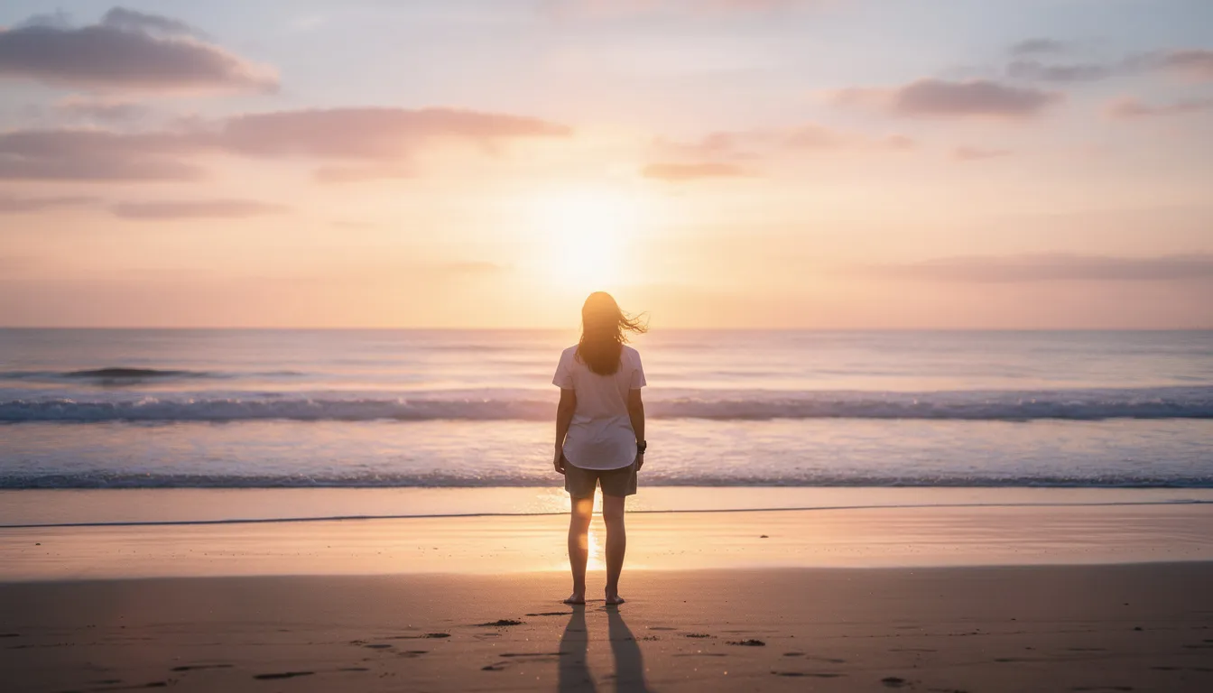 A person stands on a serene beach at sunrise, gazing toward the horizon with a sense of hope and determination, symbolizing the journey of addiction recovery and the possibility of lasting recovery through various treatment options, including long term rehab programs and support groups. The tranquil scene reflects the importance of mental health treatment and the promise of a new beginning.