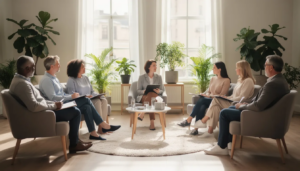 The image shows a diverse group of adults sitting in a circle during a therapy session in a bright and comfortable room filled with plants, highlighting the supportive environment of inpatient rehab vs acute care. This setting reflects the importance of therapy services in helping patients regain their functional abilities and progress in their recovery process.