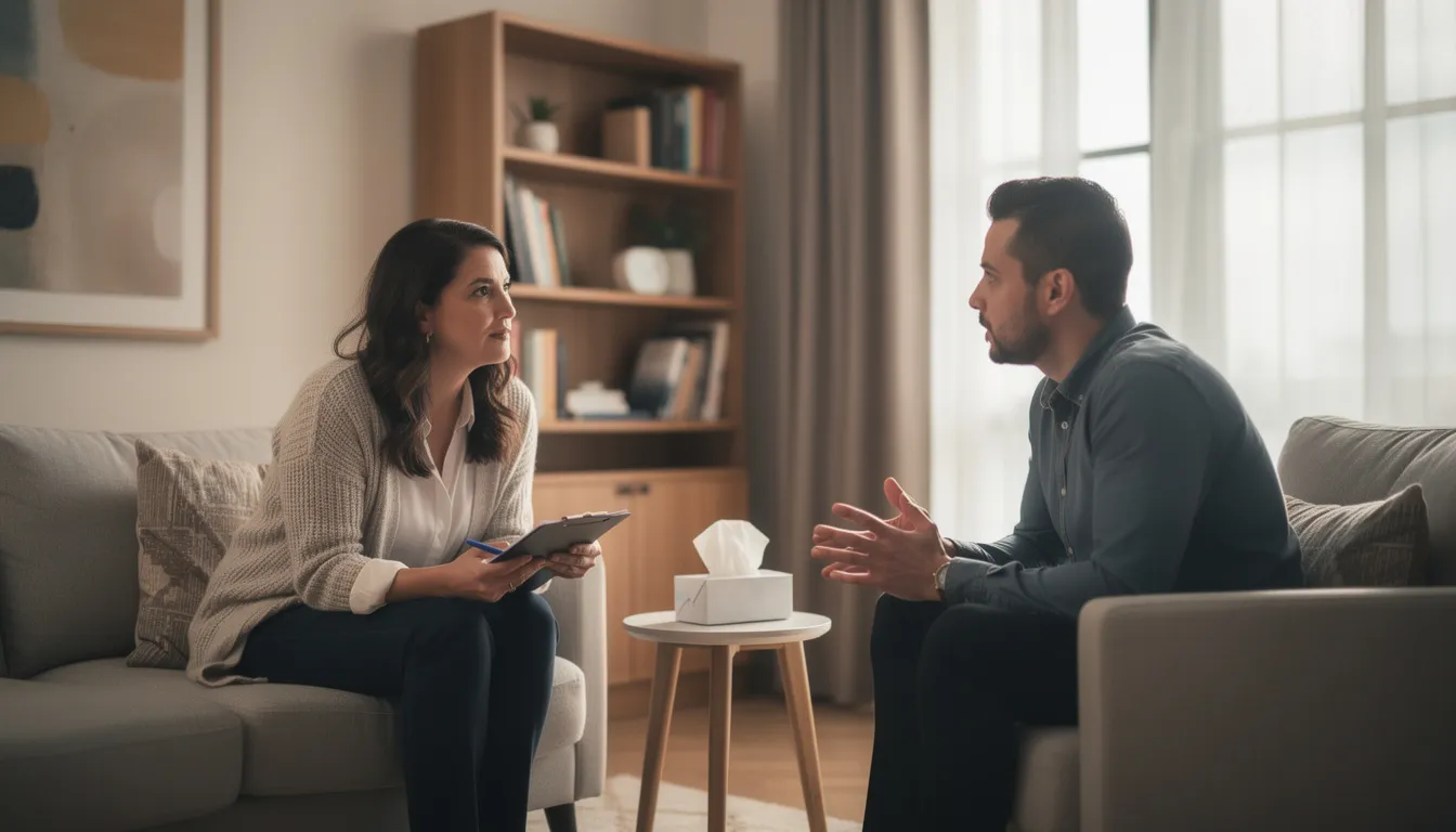 The image depicts two individuals engaged in a counseling session, discussing mental health issues, possibly related to if alcoholism is a psychological disorder and treatment plans for alcohol use disorder or other mental disorders. The setting suggests a supportive environment for addressing psychiatric symptoms and developing treatment plans for conditions like alcohol dependence or substance use disorders.