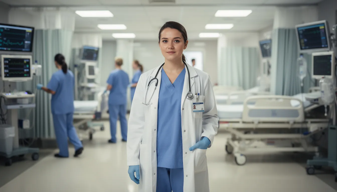 The image depicts a medical professional in a hospital emergency department, actively attending to a hospitalized patient who may be experiencing symptoms related to opioid overdose or respiratory depression. The healthcare provider is equipped with medical tools, emphasizing the critical role of emergency care in managing drug-related health crises, including those involving substances like xylazine and ketamine.