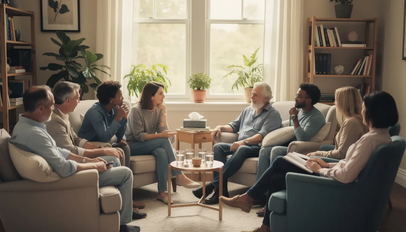 The image depicts a supportive group counseling session with diverse participants engaged in a comfortable private rehab setting, focusing on substance use disorders and long term addiction treatment. This environment fosters open communication and encourages individuals to share their experiences while receiving guidance from the treatment team.