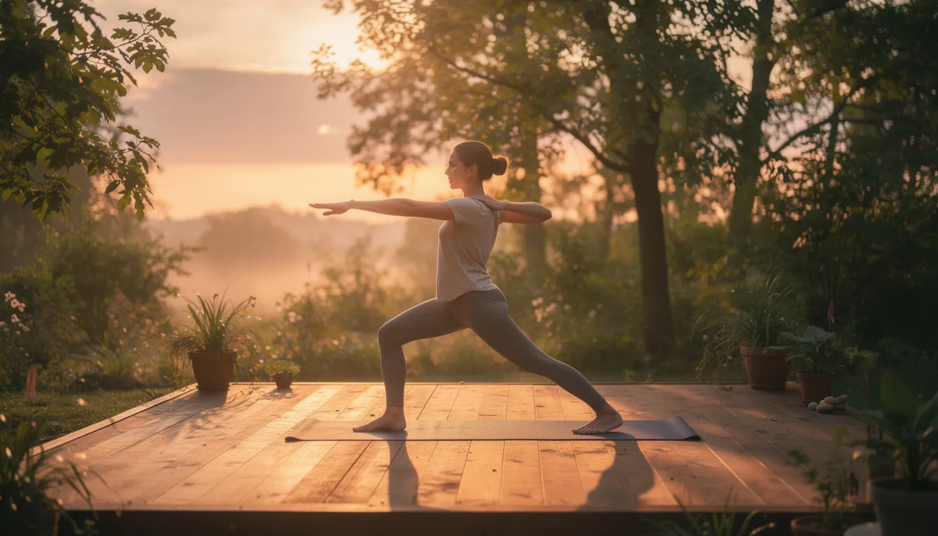A person is practicing a yoga pose on an outdoor deck, surrounded by lush greenery and bathed in the soft light of sunrise, embodying the essence of a peaceful wellness retreat focused on holistic well-being and mindfulness. The serene environment promotes relaxation and stress relief, ideal for anyone seeking a luxury addiction, mental health and wellness retreat.