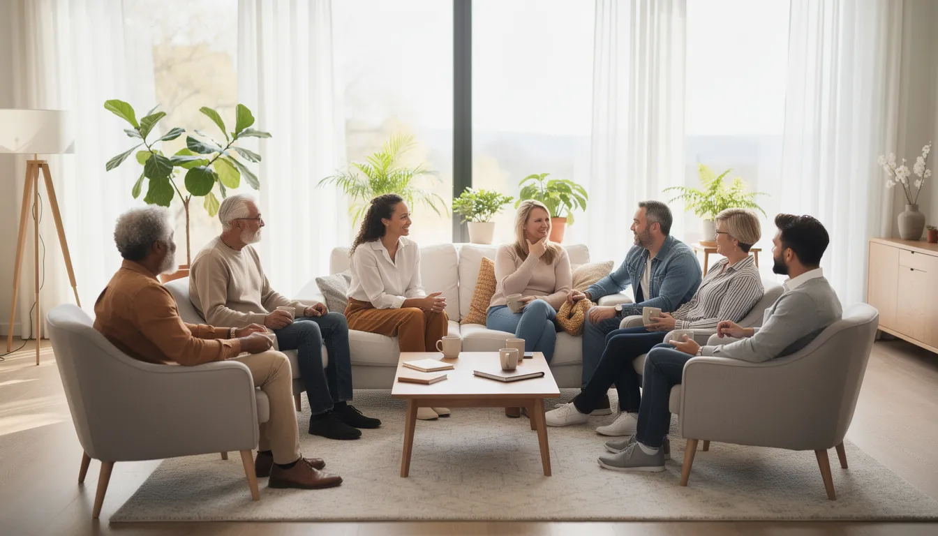 A group of adults is seated in comfortable chairs, engaged in a supportive conversation in a bright living room filled with natural light from large windows. This setting reflects a welcoming atmosphere often found in outpatient treatment programs, where individuals can discuss their recovery journey and share experiences related to substance use disorder and addiction treatment.