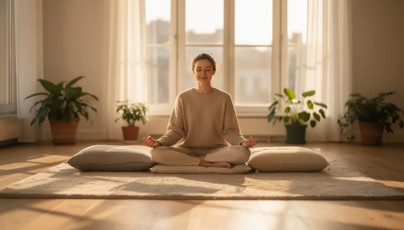 A person is meditating in a sunlit room filled with comfortable cushions, creating a calming environment that promotes mental health and well-being. This peaceful setting is ideal for practicing mindfulness and coping skills, essential components of a holistic approach to depression treatment and recovery.